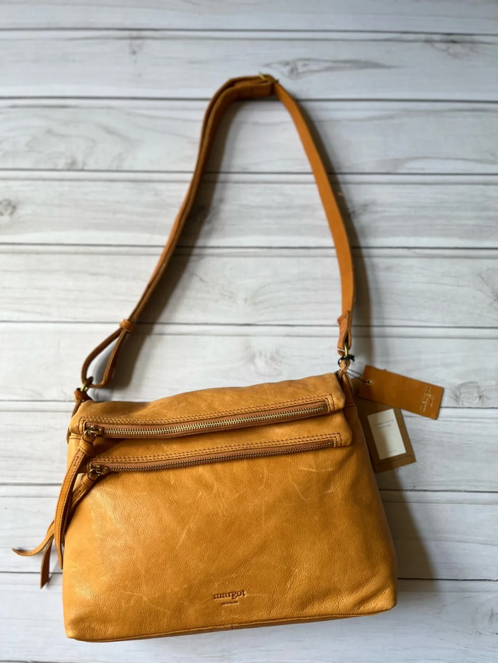 New Margot Mickey Hobo double zip crossbody shoulder leather purse bag cognac